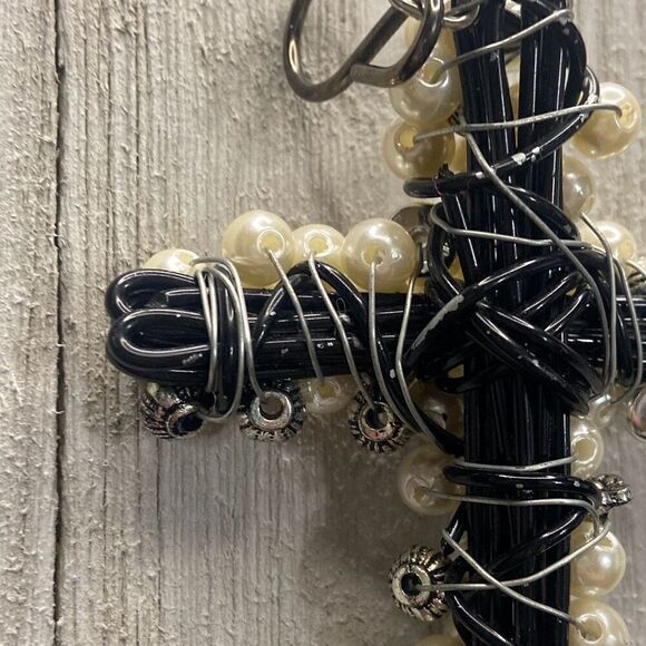 Handmade Unique Black Silver Pearl Beaded Wired Cross Christian Religious Cross - Picture 9 of 10